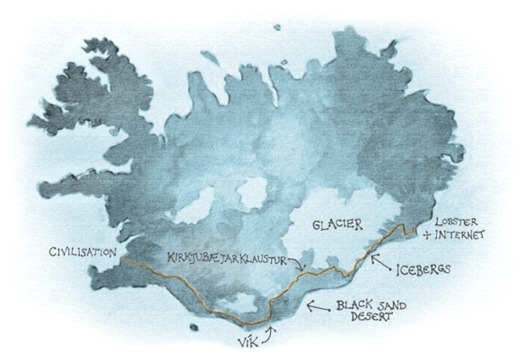 A map of me, showing a glacier, lobsters and my Vík